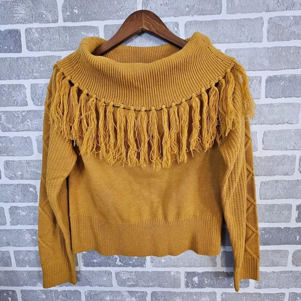 Ninexis Sweater Women's Medium‎ Camel Shawl Neck Tassels Pullover Soft Knit
